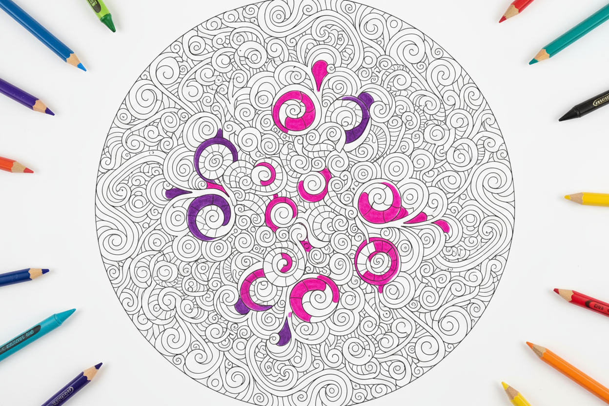 Adult colouring book whirls retro black-and-white lines pinks purple moves fun colouring book pencils and crayons