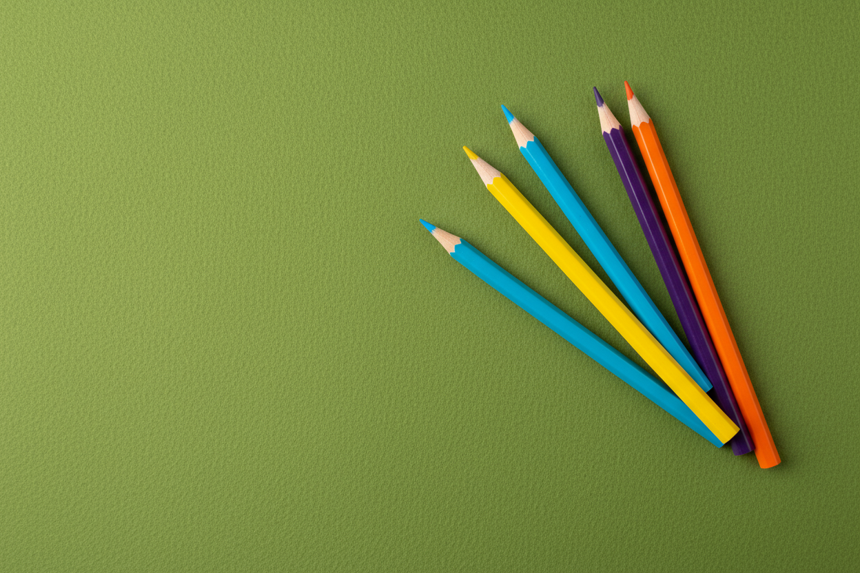 Green background with a few coloured pencils